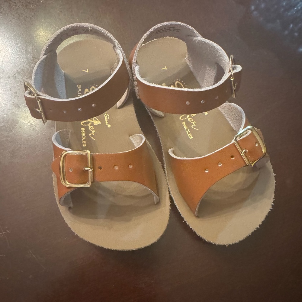 Classic Tan Kids Sandals with Gold Buckles